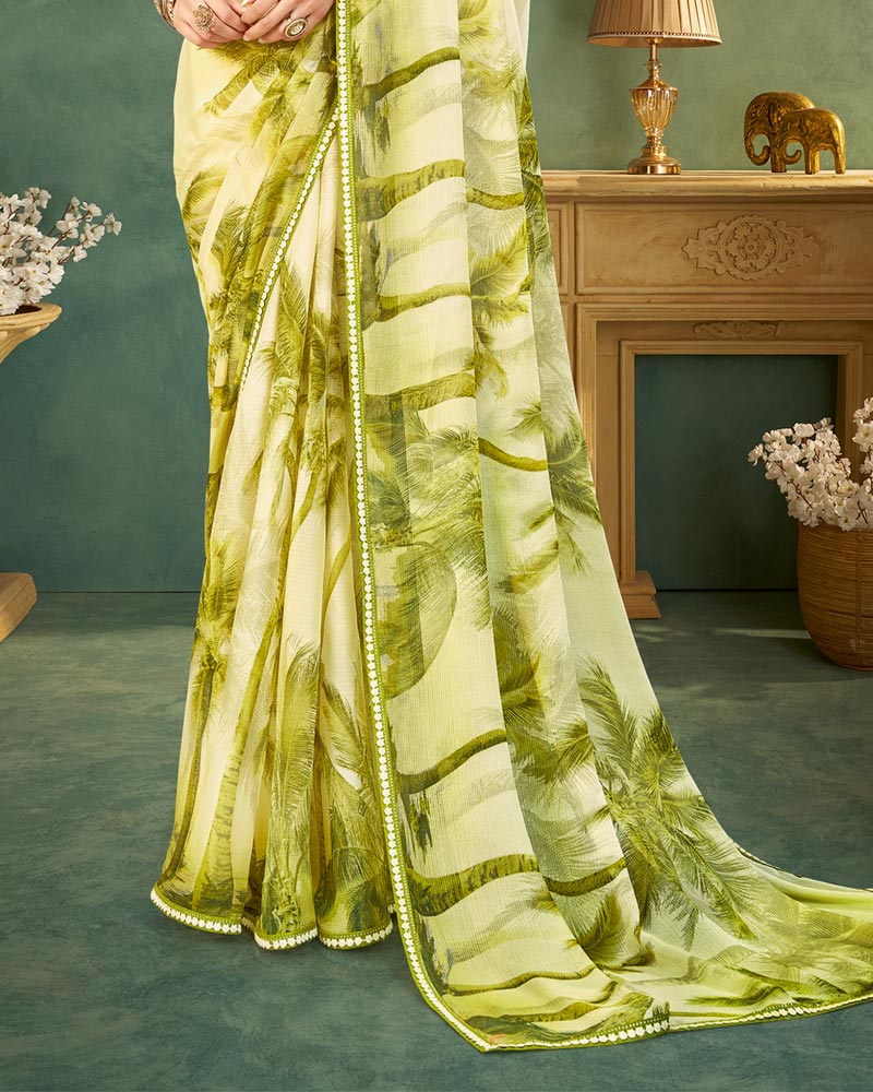 Vishal Prints Light Olive Yellow Digital Print Chiffon Saree With Fancy Border