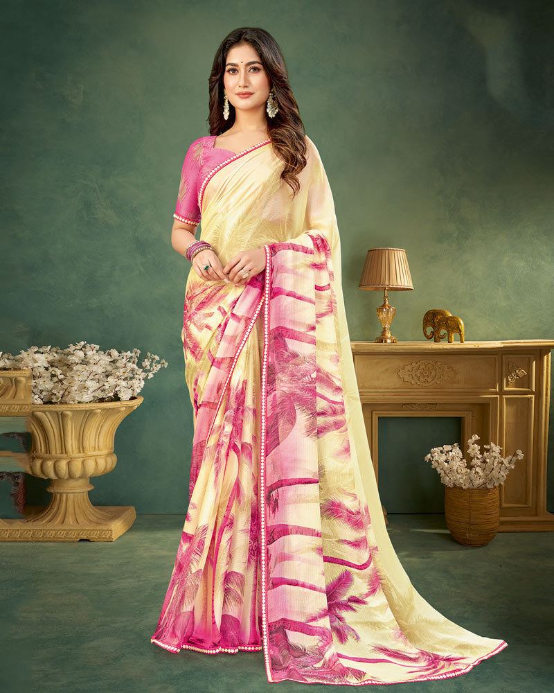 Vishal Prints Dusty Rose Pink Digital Print Chiffon Saree With Fancy Border