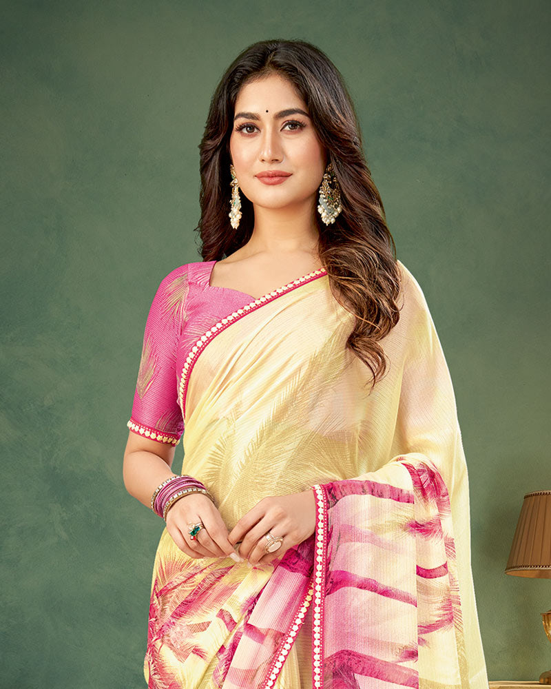 Vishal Prints Dusty Rose Pink Digital Print Chiffon Saree With Fancy Border