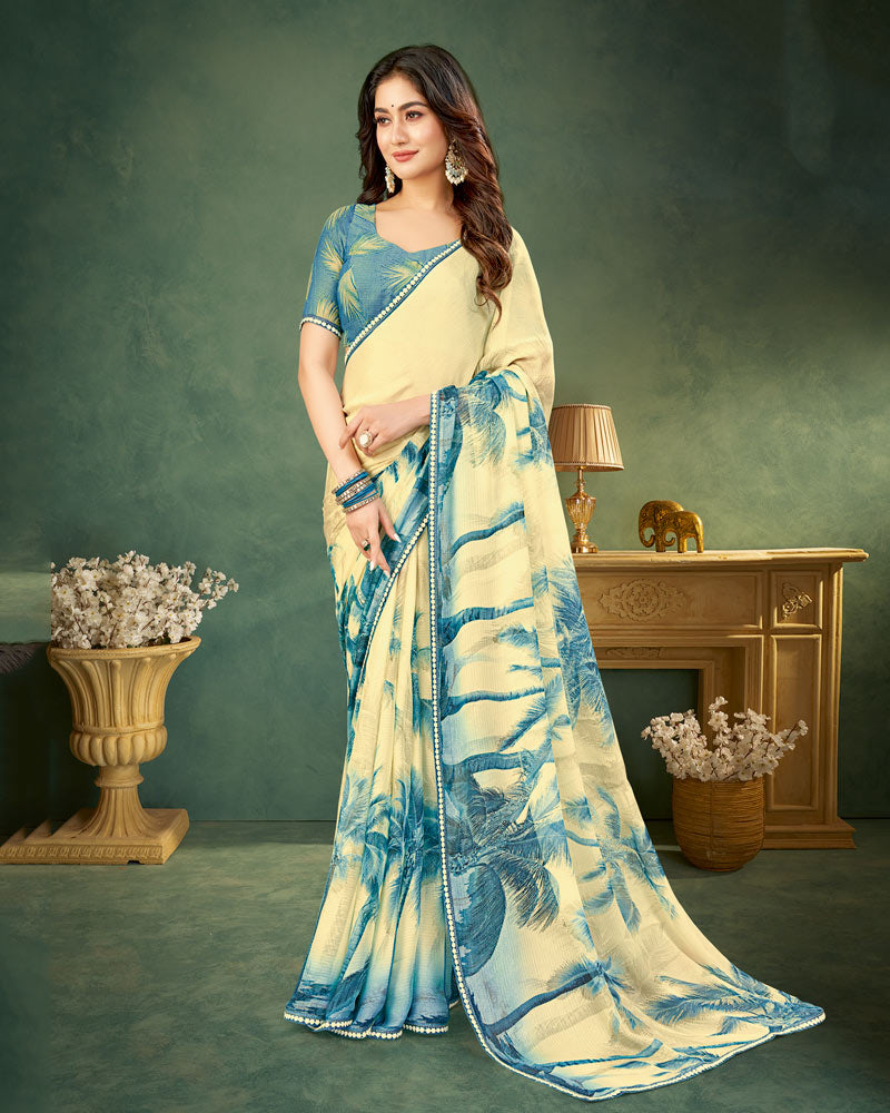 Vishal Prints Metallic Blue Digital Print Chiffon Saree With Fancy Border