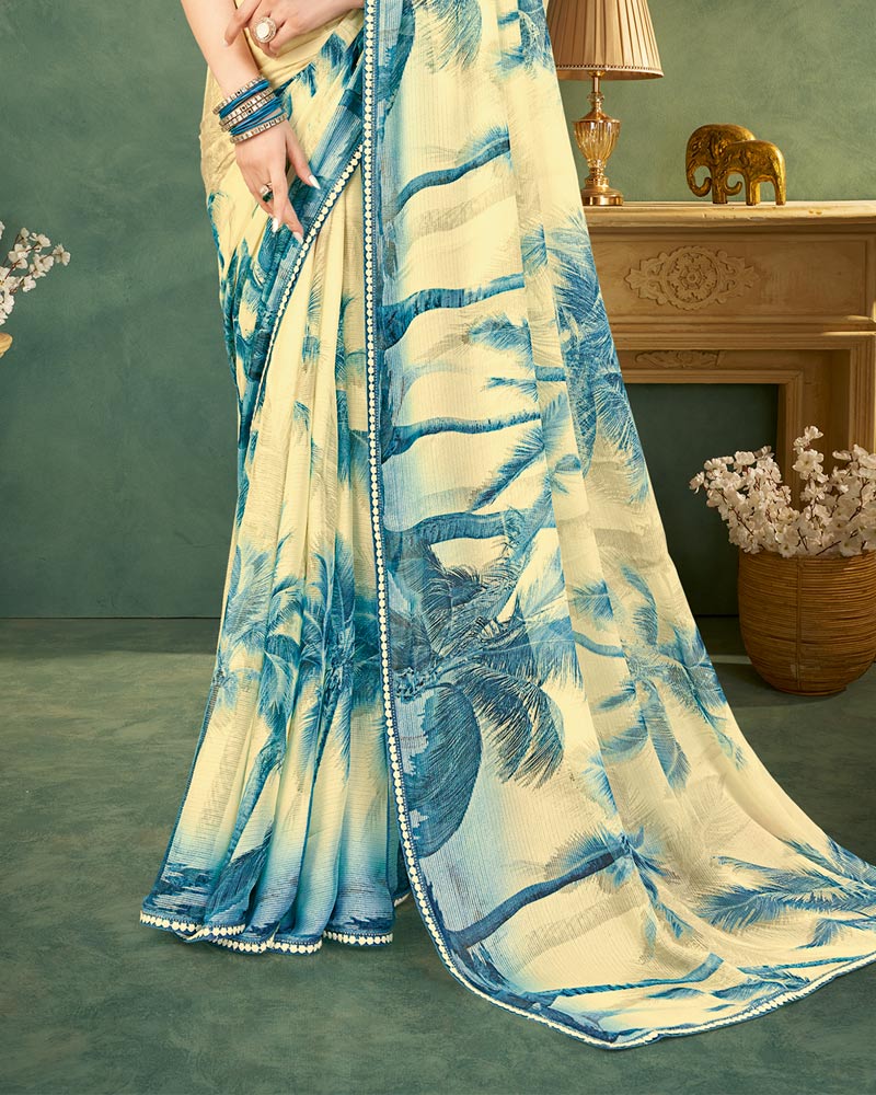 Vishal Prints Metallic Blue Digital Print Chiffon Saree With Fancy Border