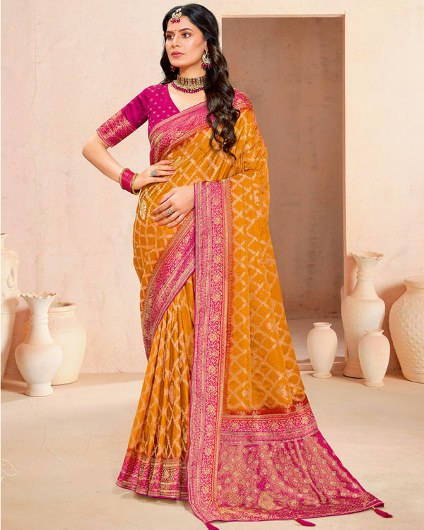 Vishal Prints Dark Orange Designer Satin-Dola Silk Saree With Diamond Work And Tassel