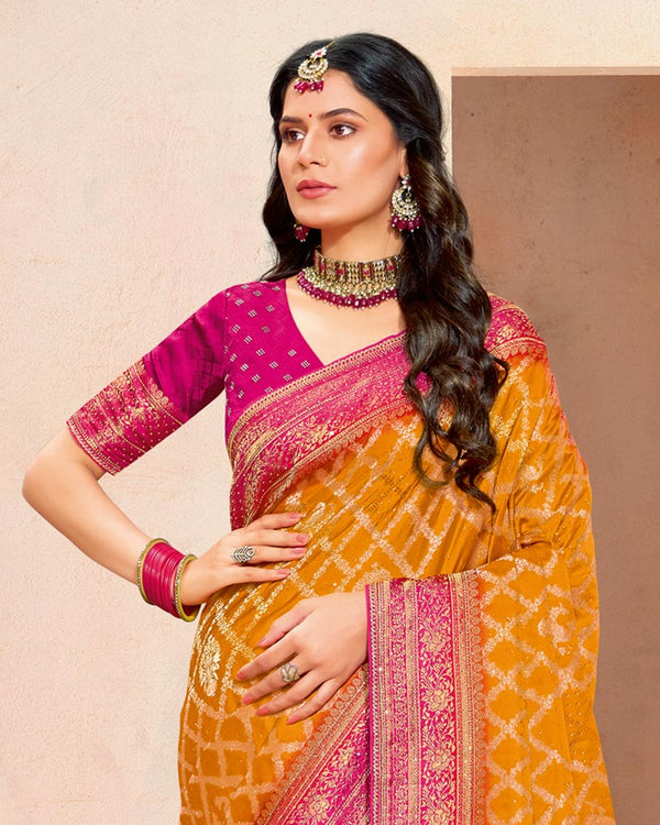 Vishal Prints Dark Orange Designer Satin-Dola Silk Saree With Diamond Work And Tassel