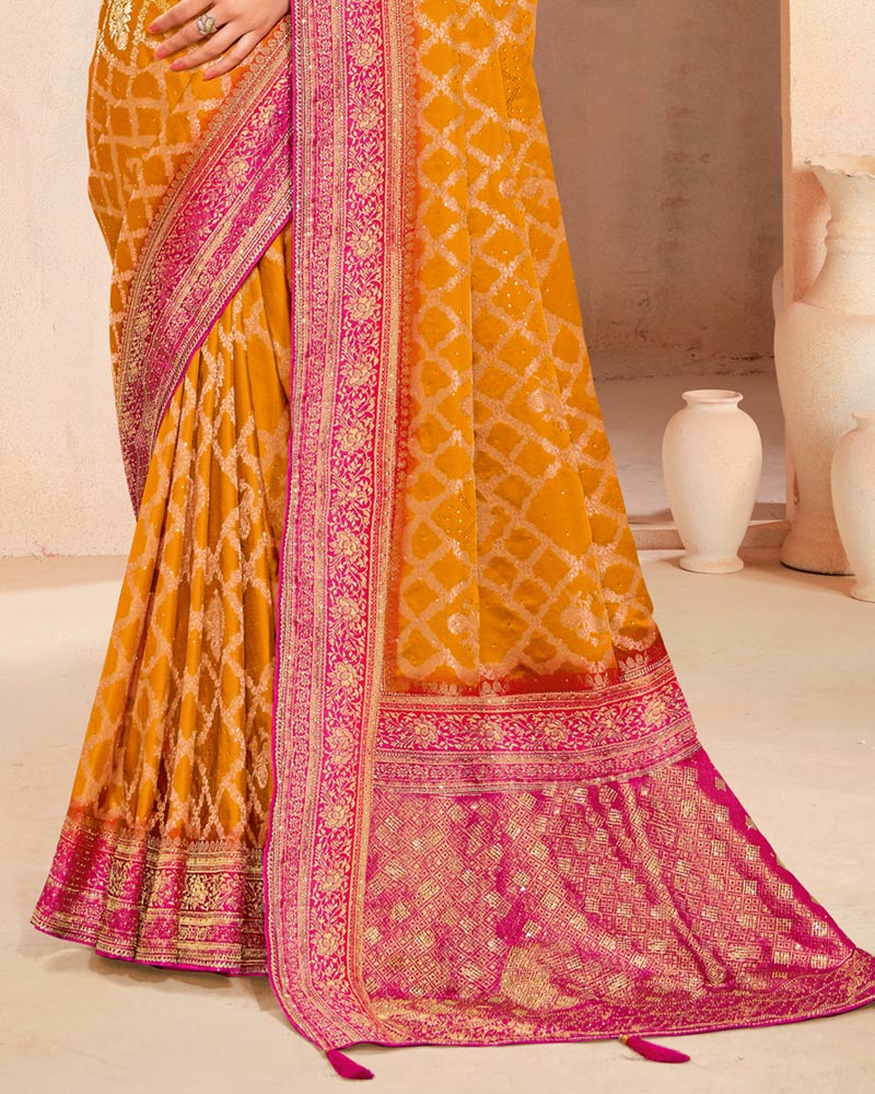 Vishal Prints Dark Orange Designer Satin-Dola Silk Saree With Diamond Work And Tassel