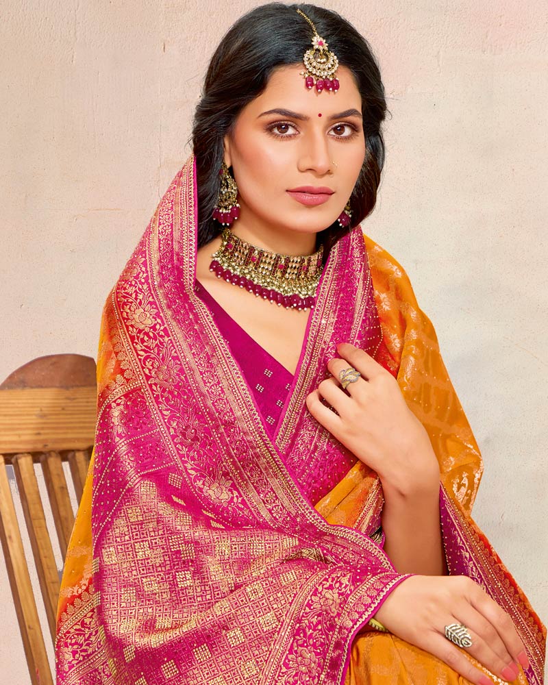 Vishal Prints Dark Orange Designer Satin-Dola Silk Saree With Diamond Work And Tassel