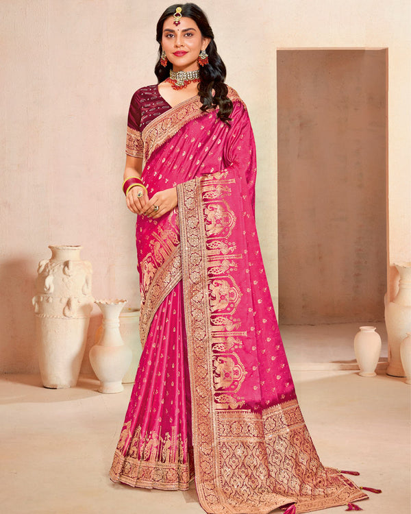 Vishal Prints Amaranth Pink Designer Satin-Dola Silk Saree With Diamond Work And Tassel