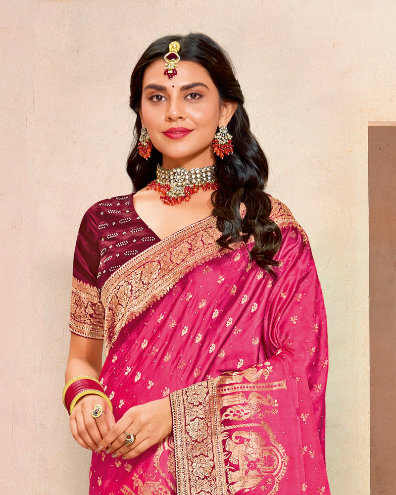 Vishal Prints Amaranth Pink Designer Satin-Dola Silk Saree With Diamond Work And Tassel