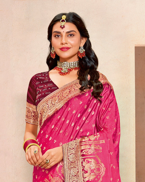 Vishal Prints Amaranth Pink Designer Satin-Dola Silk Saree With Diamond Work And Tassel