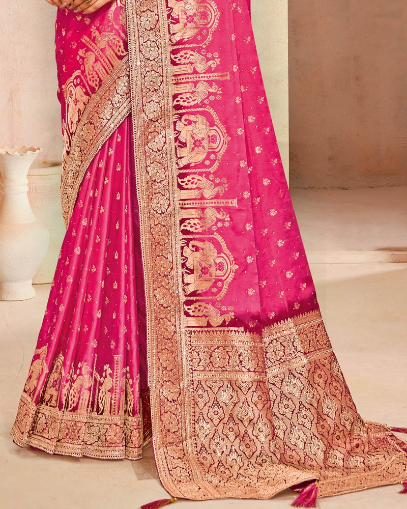 Vishal Prints Amaranth Pink Designer Satin-Dola Silk Saree With Diamond Work And Tassel