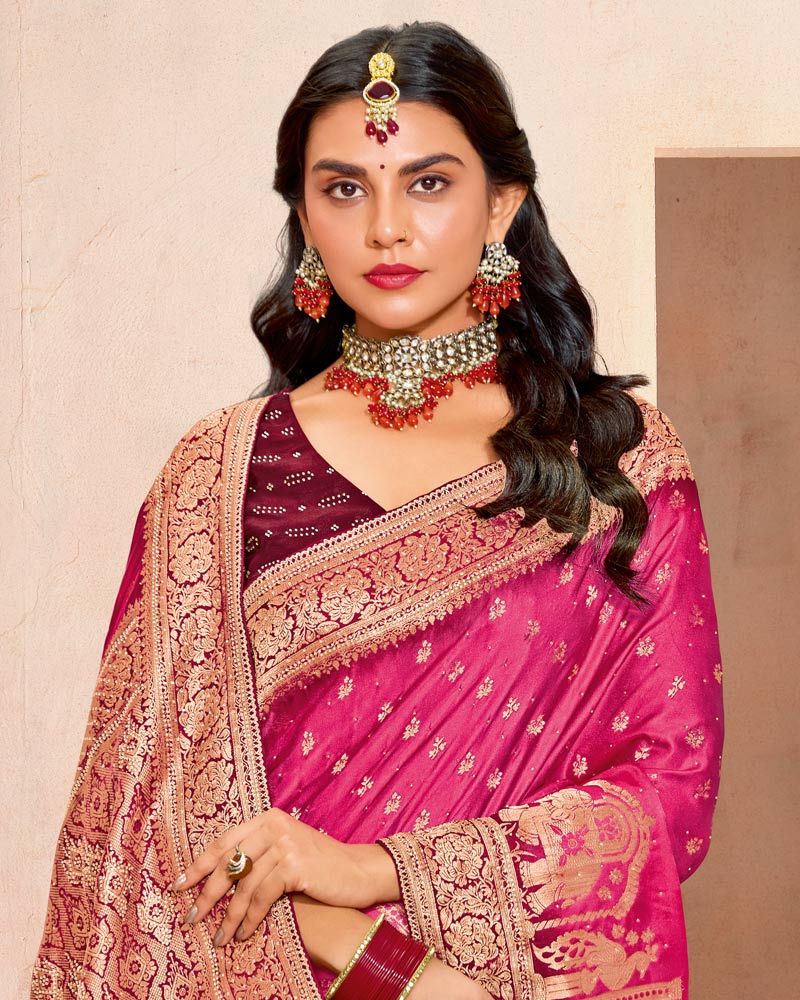 Vishal Prints Amaranth Pink Designer Satin-Dola Silk Saree With Diamond Work And Tassel