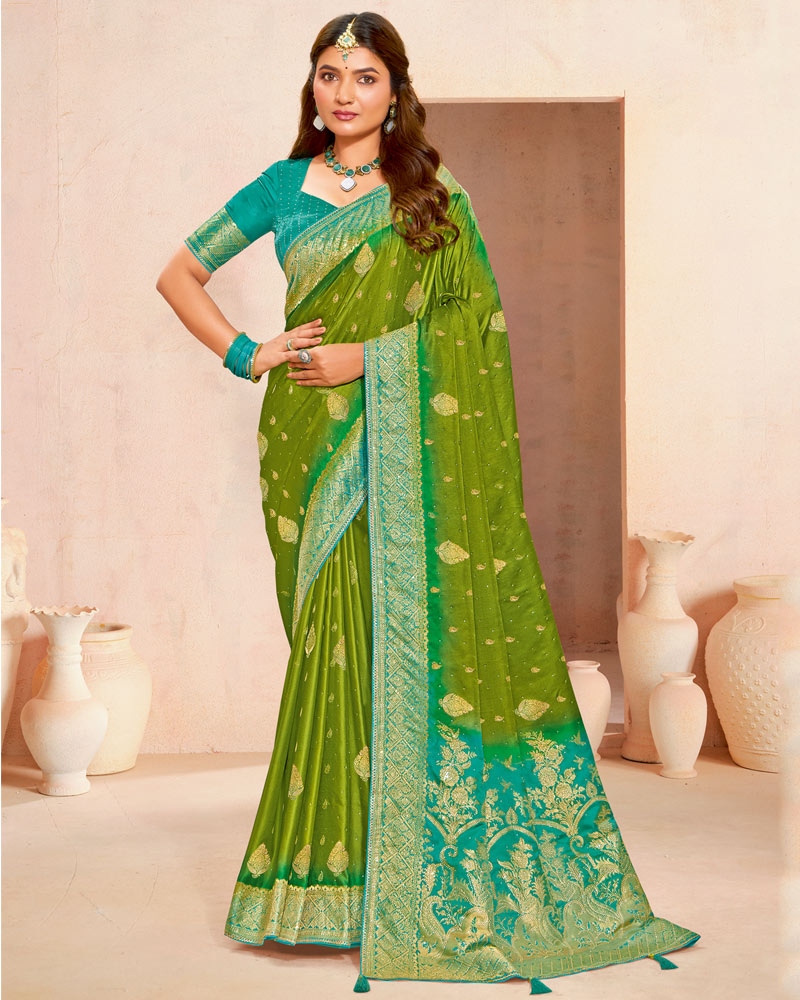 Vishal Prints Olive Green Designer Satin-Dola Silk Saree With Diamond Work And Tassel