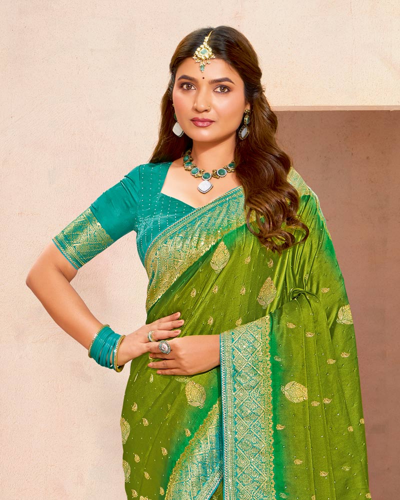 Vishal Prints Olive Green Designer Satin-Dola Silk Saree With Diamond Work And Tassel