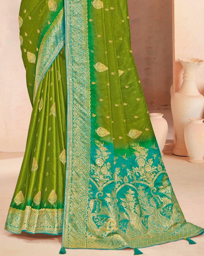 Vishal Prints Olive Green Designer Satin-Dola Silk Saree With Diamond Work And Tassel