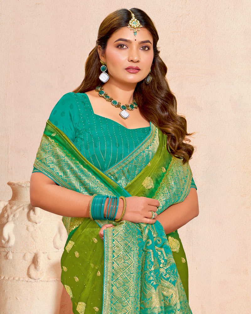 Vishal Prints Olive Green Designer Satin-Dola Silk Saree With Diamond Work And Tassel