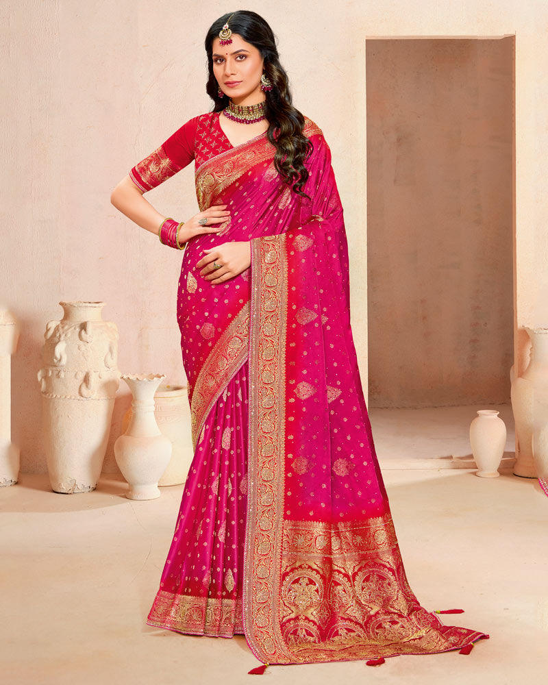 Vishal Prints Dark Hot Pink Designer Satin-Dola Silk Saree With Diamond Work And Tassel