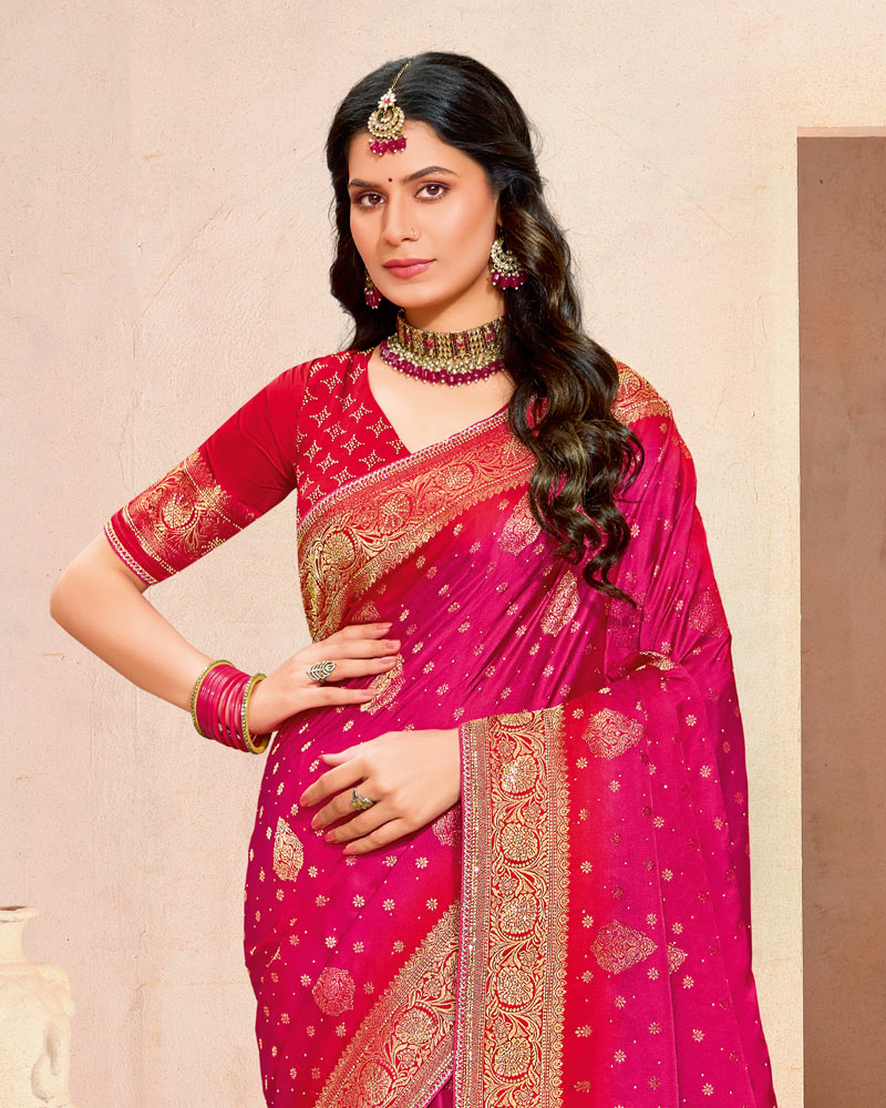 Vishal Prints Dark Hot Pink Designer Satin-Dola Silk Saree With Diamond Work And Tassel