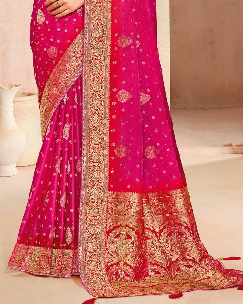 Vishal Prints Dark Hot Pink Designer Satin-Dola Silk Saree With Diamond Work And Tassel