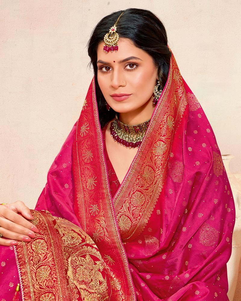 Vishal Prints Dark Hot Pink Designer Satin-Dola Silk Saree With Diamond Work And Tassel