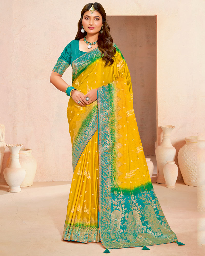 Vishal Prints Golden Yellow Designer Satin-Dola Silk Saree With Diamond Work And Tassel