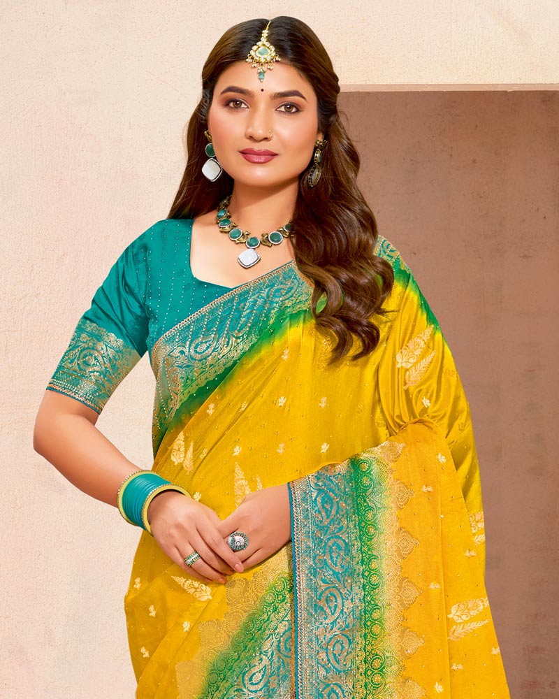 Vishal Prints Golden Yellow Designer Satin-Dola Silk Saree With Diamond Work And Tassel