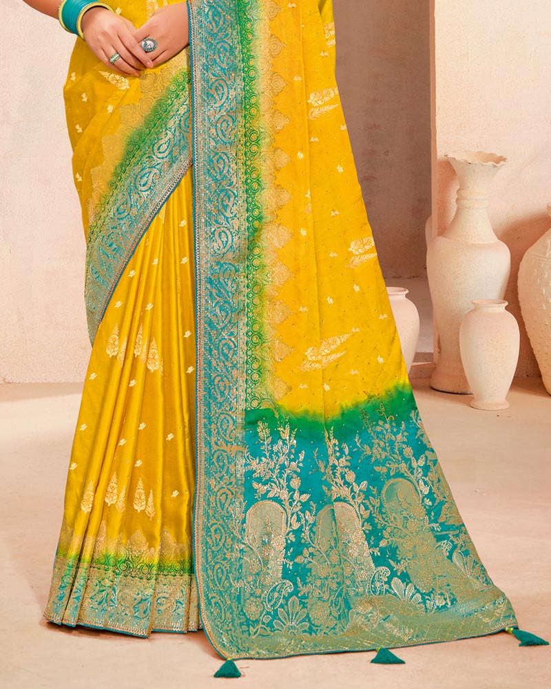 Vishal Prints Golden Yellow Designer Satin-Dola Silk Saree With Diamond Work And Tassel