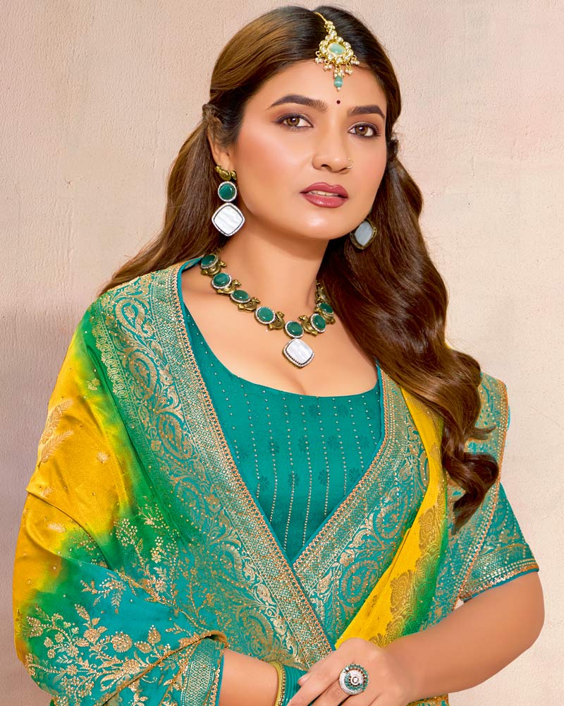 Vishal Prints Golden Yellow Designer Satin-Dola Silk Saree With Diamond Work And Tassel