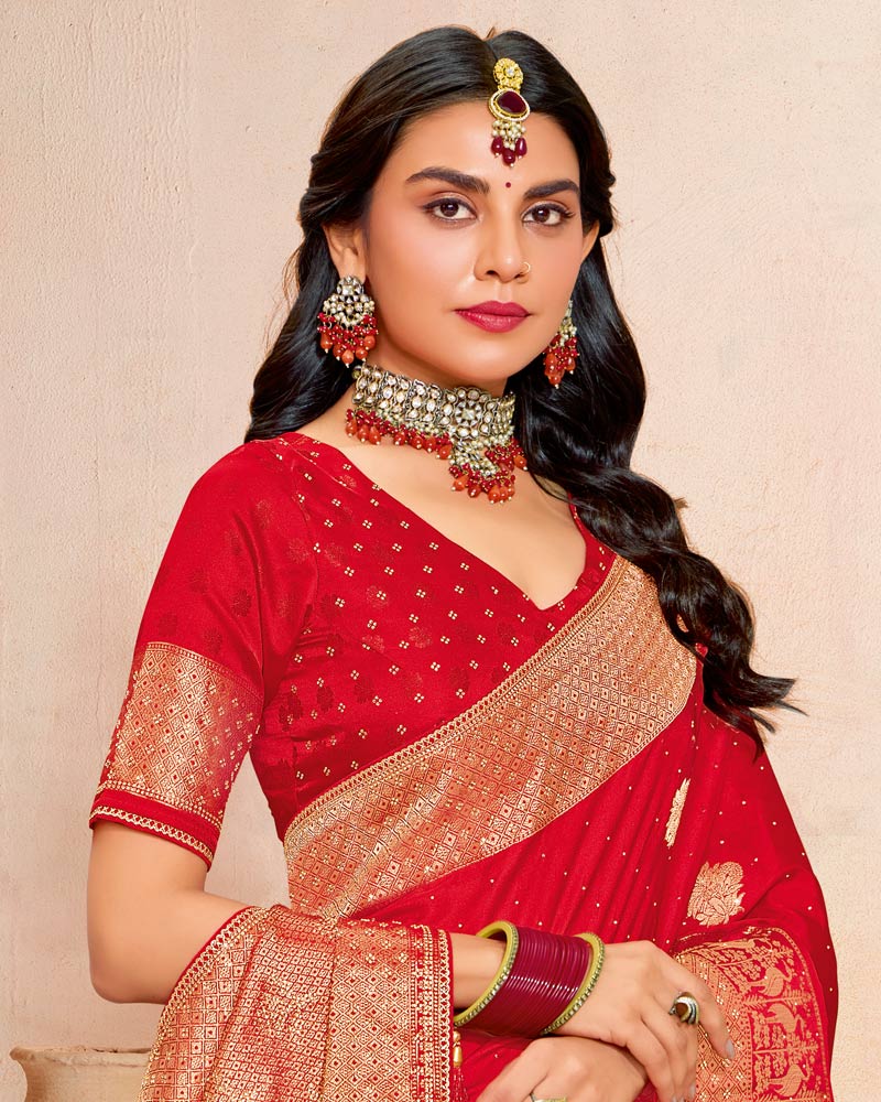 Vishal Prints Venetian Red Designer Satin-Dola Silk Saree With Diamond Work And Tassel