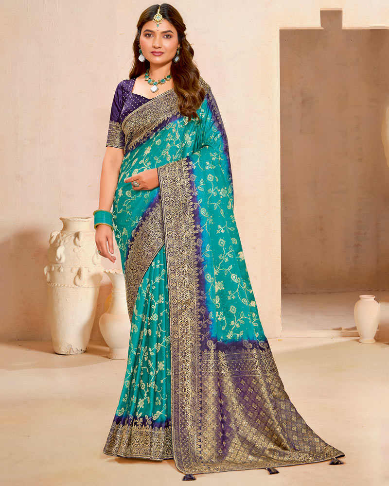 Vishal Prints Teal Blue Designer Satin-Dola Silk Saree With Diamond Work And Tassel