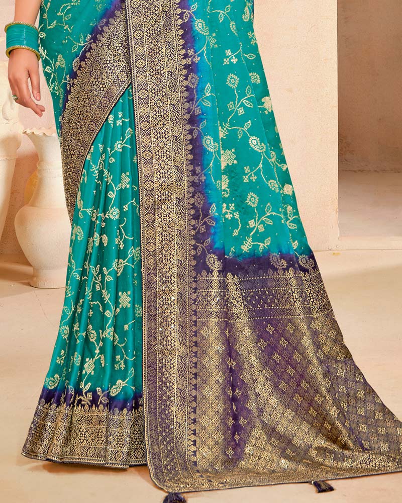 Vishal Prints Teal Blue Designer Satin-Dola Silk Saree With Diamond Work And Tassel