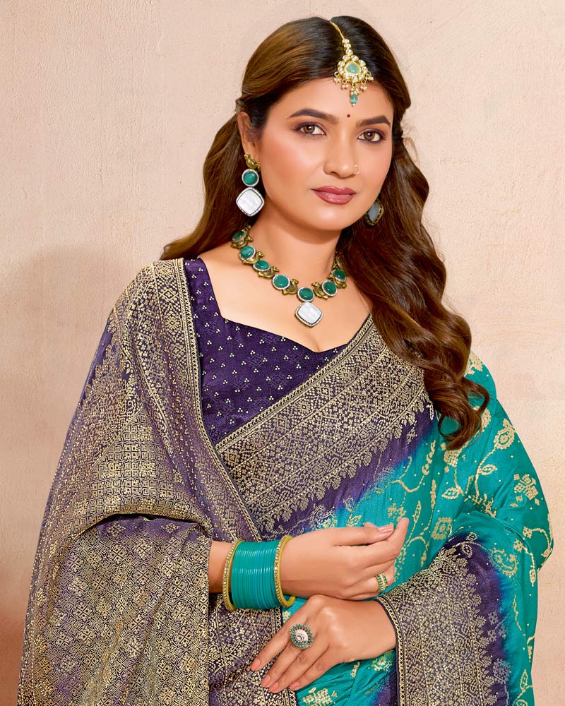 Vishal Prints Teal Blue Designer Satin-Dola Silk Saree With Diamond Work And Tassel