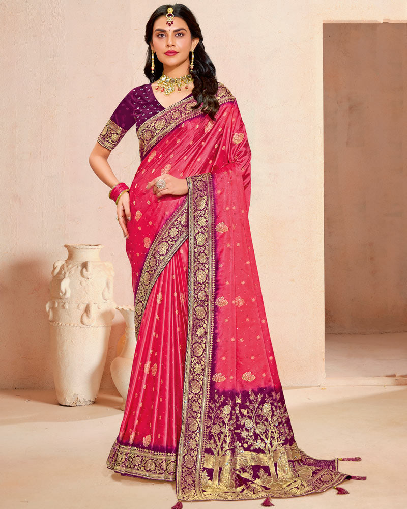 Vishal Prints Faded Pink Designer Satin-Dola Silk Saree With Diamond Work And Tassel