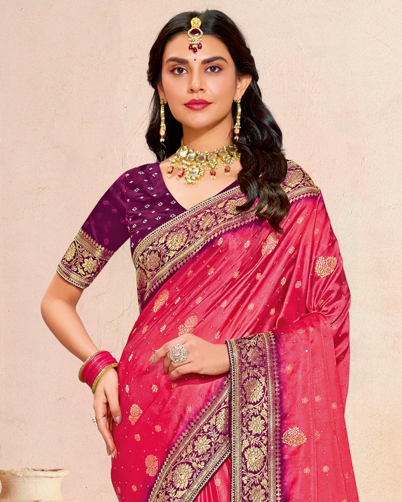 Vishal Prints Faded Pink Designer Satin-Dola Silk Saree With Diamond Work And Tassel