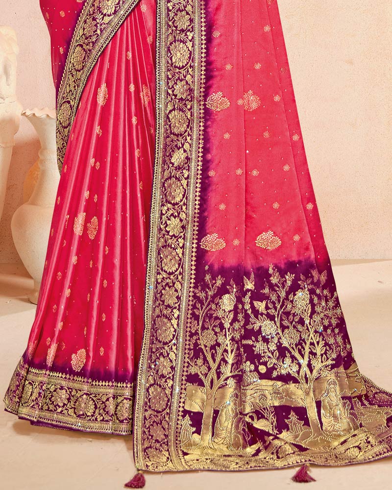Vishal Prints Faded Pink Designer Satin-Dola Silk Saree With Diamond Work And Tassel