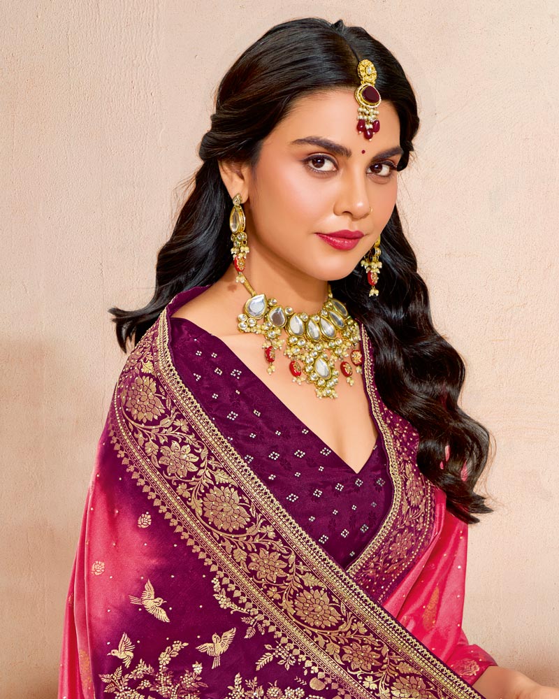 Vishal Prints Faded Pink Designer Satin-Dola Silk Saree With Diamond Work And Tassel