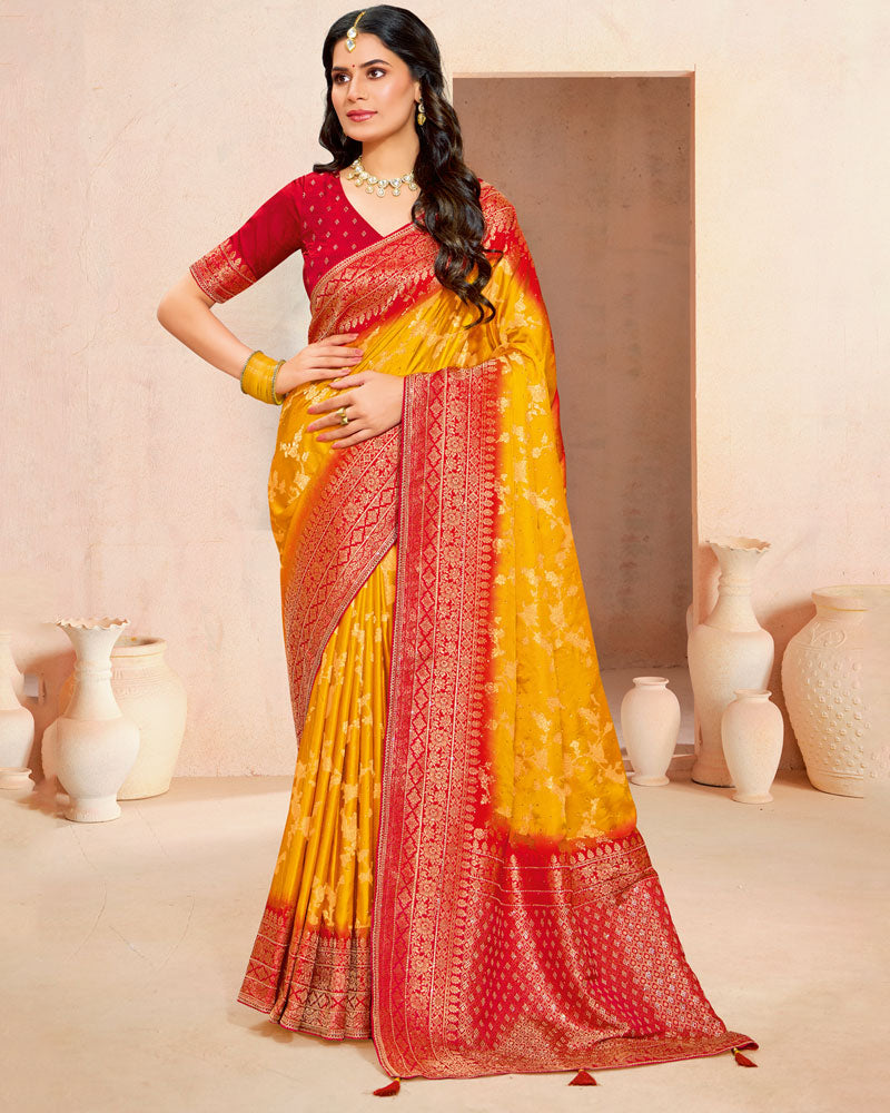 Vishal Prints Dark Yellow Designer Satin-Dola Silk Saree With Diamond Work And Tassel