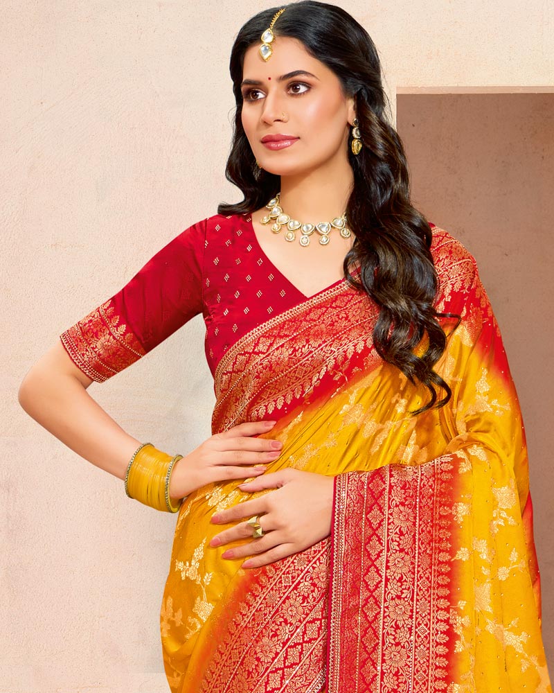 Vishal Prints Dark Yellow Designer Satin-Dola Silk Saree With Diamond Work And Tassel