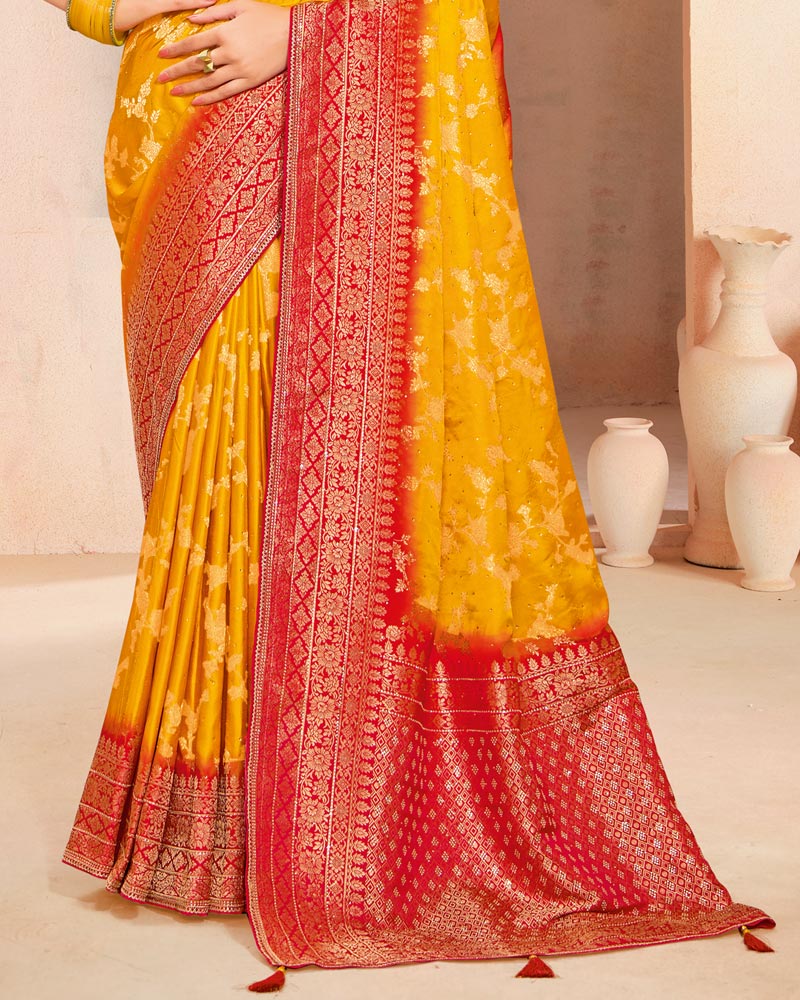 Vishal Prints Dark Yellow Designer Satin-Dola Silk Saree With Diamond Work And Tassel