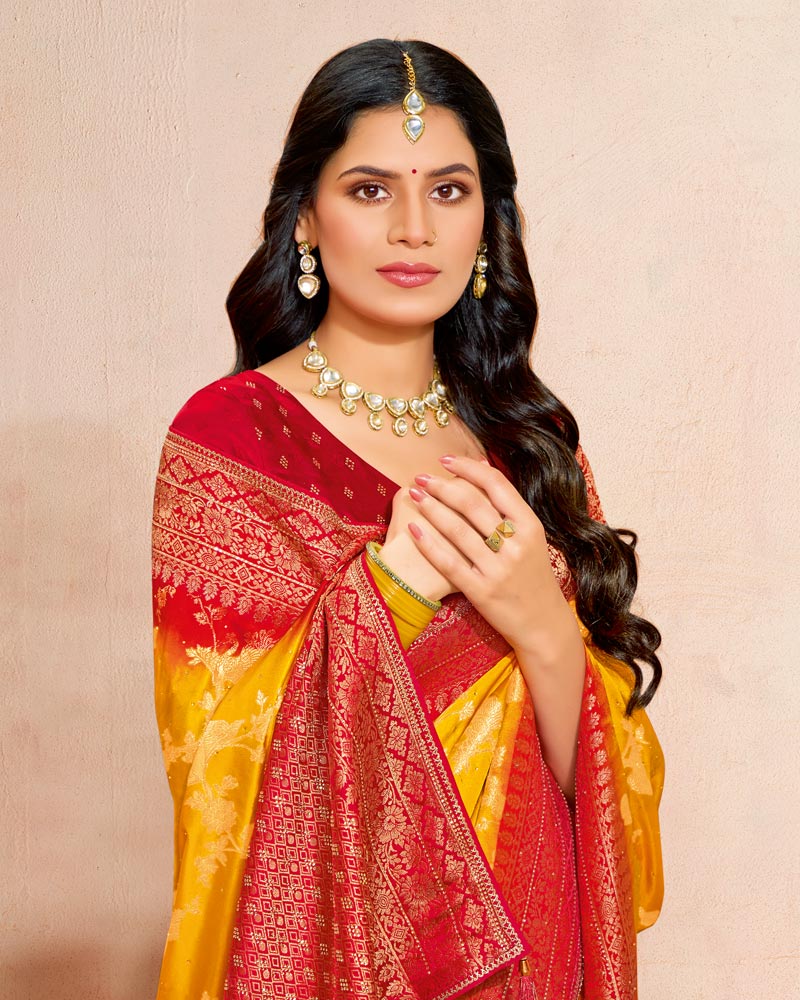 Vishal Prints Dark Yellow Designer Satin-Dola Silk Saree With Diamond Work And Tassel