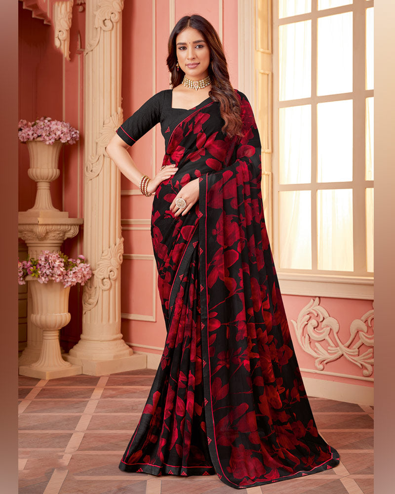 Vishal Prints Black Printed Georgette Saree With Fancy Border