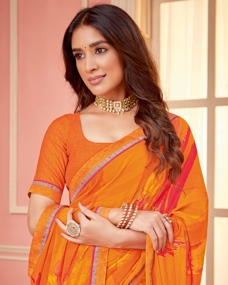 Vishal Prints Orange Printed Chiffon Saree With Fancy Border