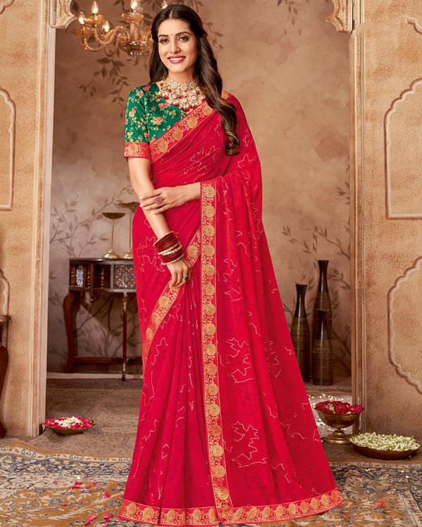 Vishal Prints Carmine Red Printed Georgette Saree With Foil Print And Zari Border