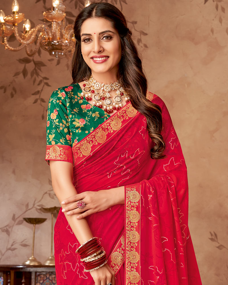 Vishal Prints Carmine Red Printed Georgette Saree With Foil Print And Zari Border