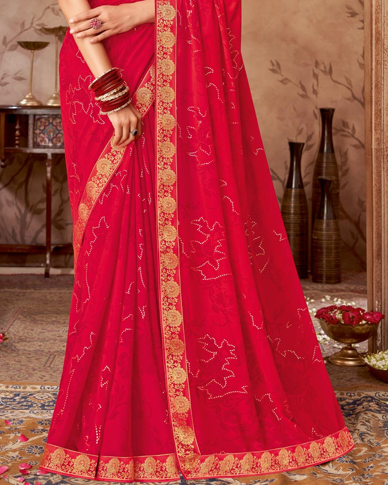 Vishal Prints Carmine Red Printed Georgette Saree With Foil Print And Zari Border