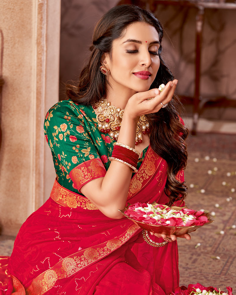 Vishal Prints Carmine Red Printed Georgette Saree With Foil Print And Zari Border