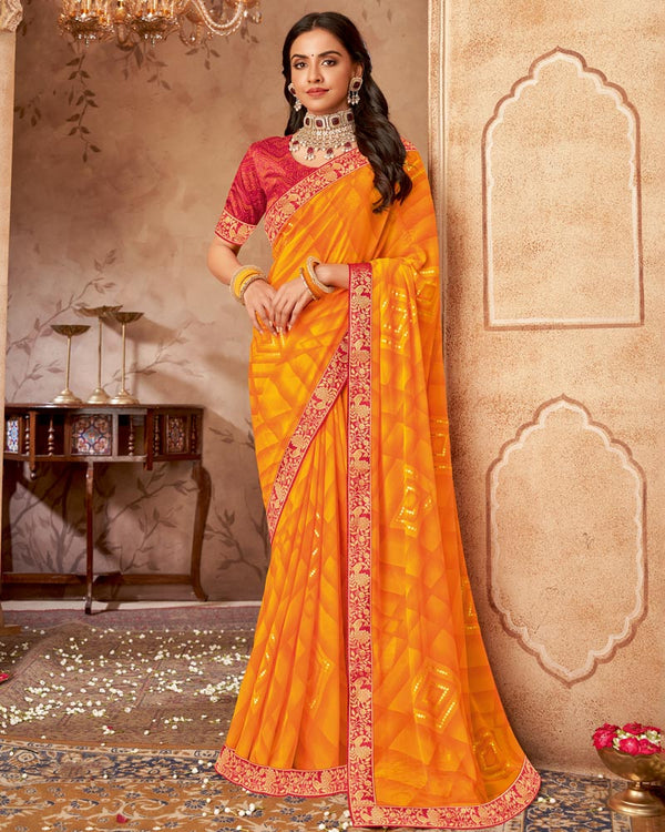 Vishal Prints Dark Orange Printed Georgette Saree With Foil Print And Zari Border