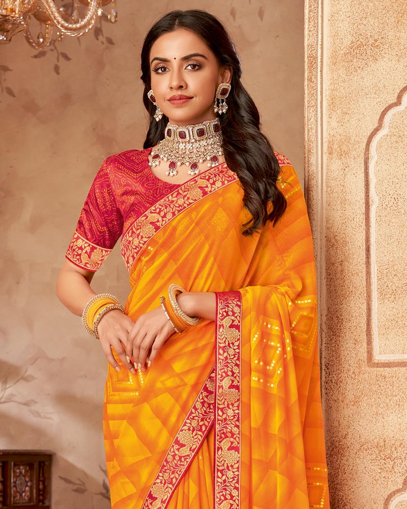 Vishal Prints Dark Orange Printed Georgette Saree With Foil Print And Zari Border