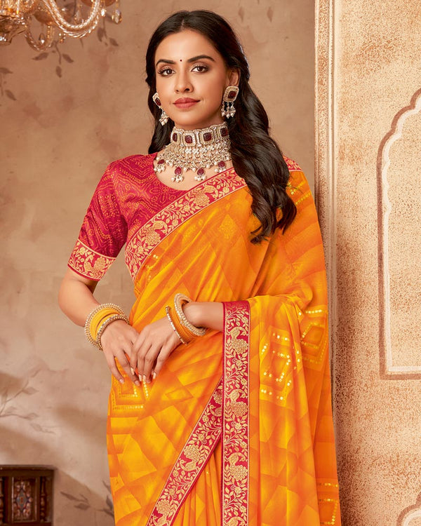 Vishal Prints Dark Orange Printed Georgette Saree With Foil Print And Zari Border