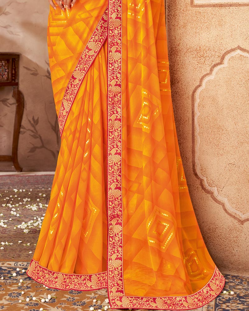 Vishal Prints Dark Orange Printed Georgette Saree With Foil Print And Zari Border