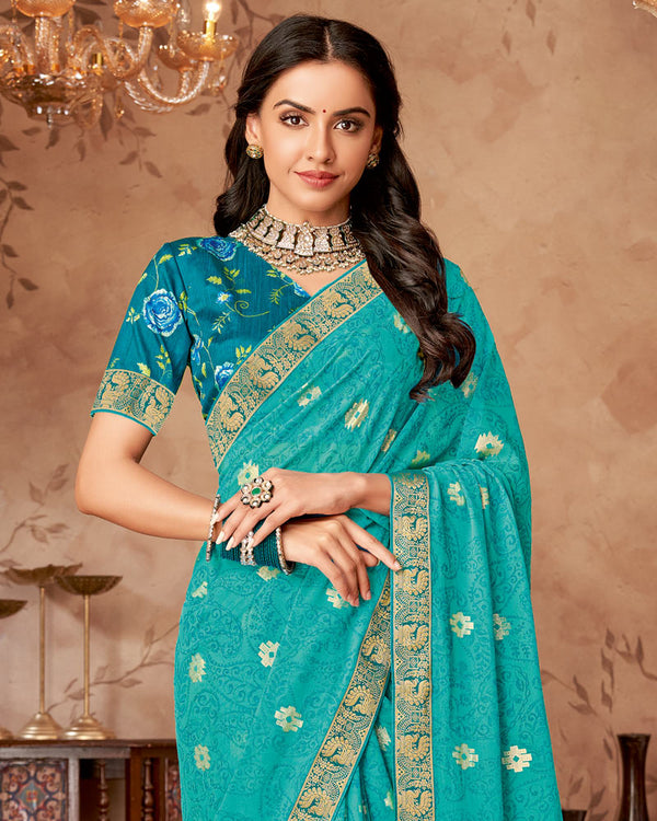 Vishal Prints Persian Green Printed Georgette Saree With Foil Print And Zari Border