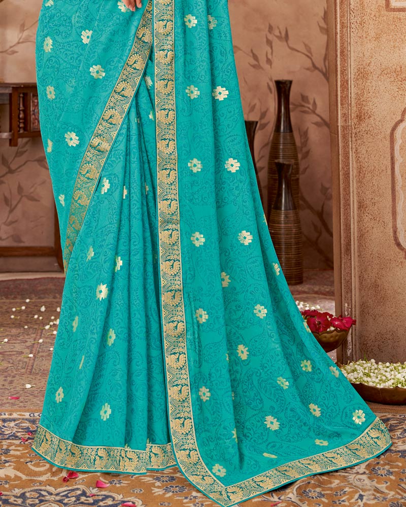 Vishal Prints Persian Green Printed Georgette Saree With Foil Print And Zari Border
